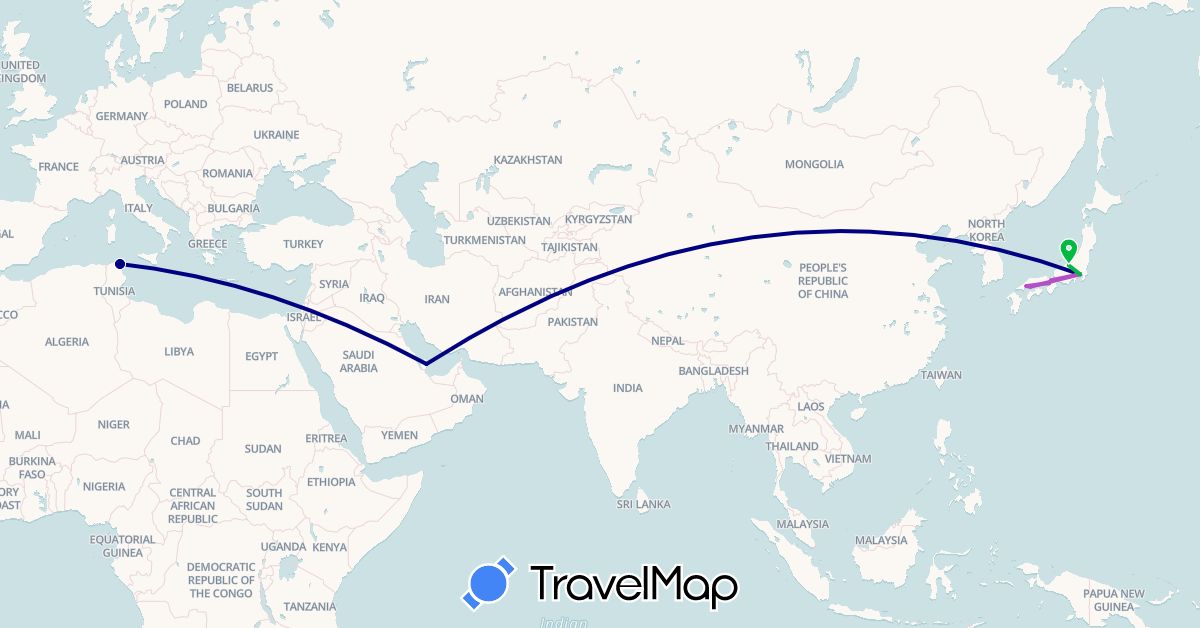 TravelMap itinerary: driving, bus, train in Japan, Qatar, Tunisia (Africa, Asia)